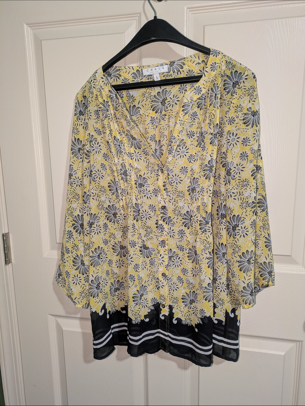 Chaus Yellow Floral V-Neck Blouse with Black Hem